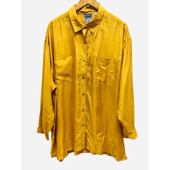 Details Express Vintage Silk Blouse Plus Size 24 Mustard Yellow Button Down - Picture 1 of 8